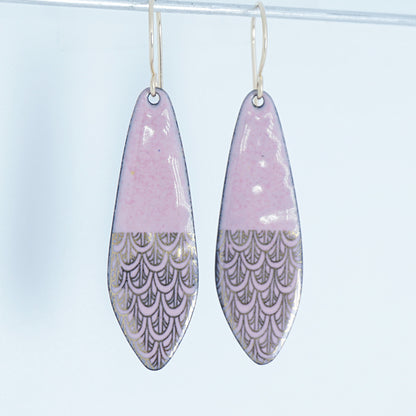 Gold Mermaid Scales on Pink Enamel Teardrop Earrings