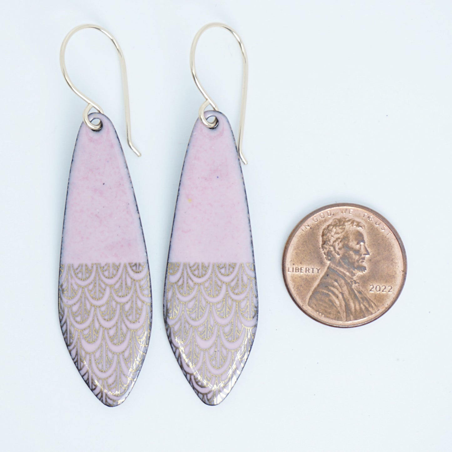 Gold Mermaid Scales on Pink Enamel Teardrop Earrings