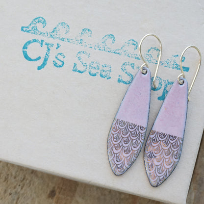 Gold Mermaid Scales on Pink Enamel Teardrop Earrings