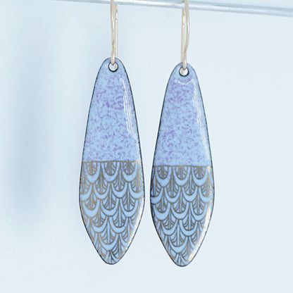 Gold Mermaid Scales on Purple Enamel Teardrop Earrings