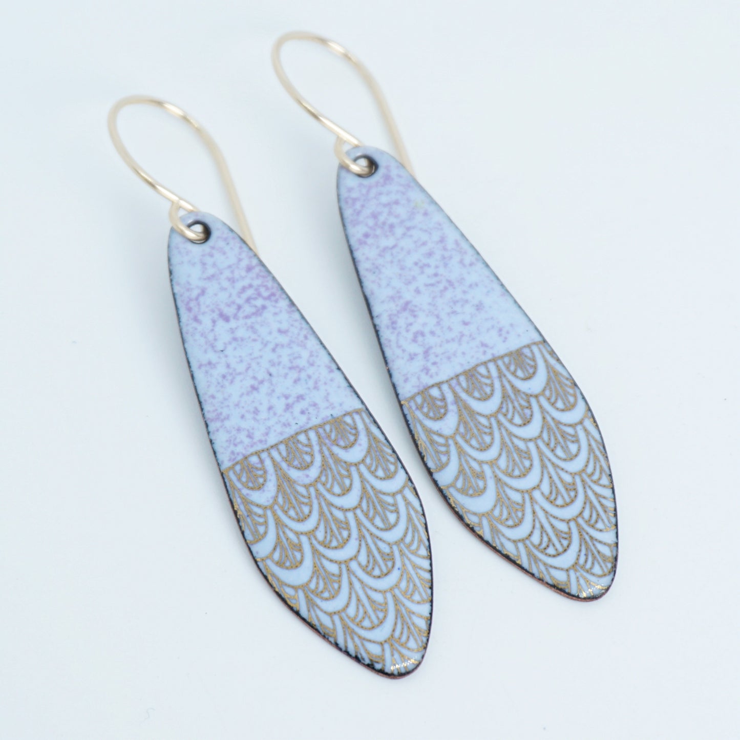 Gold Mermaid Scales on Purple Enamel Teardrop Earrings
