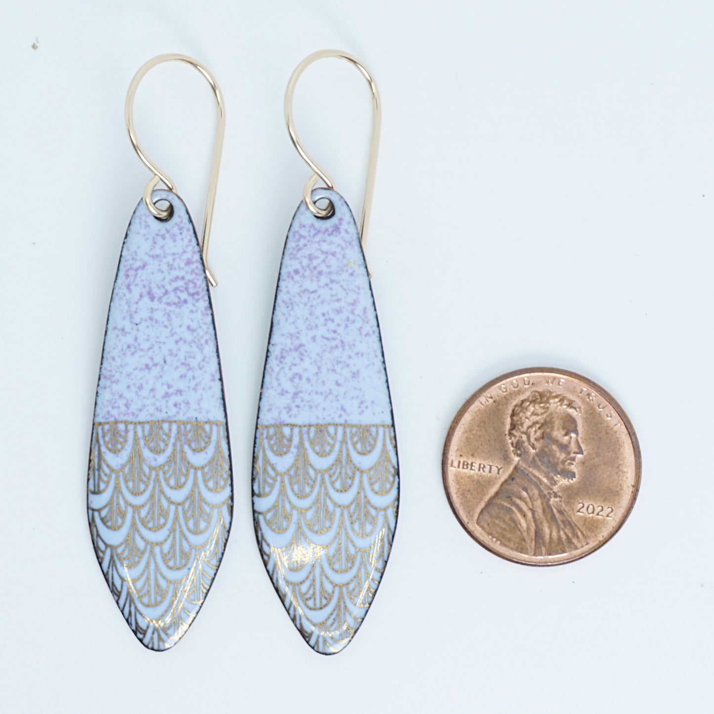 Gold Mermaid Scales on Purple Enamel Teardrop Earrings