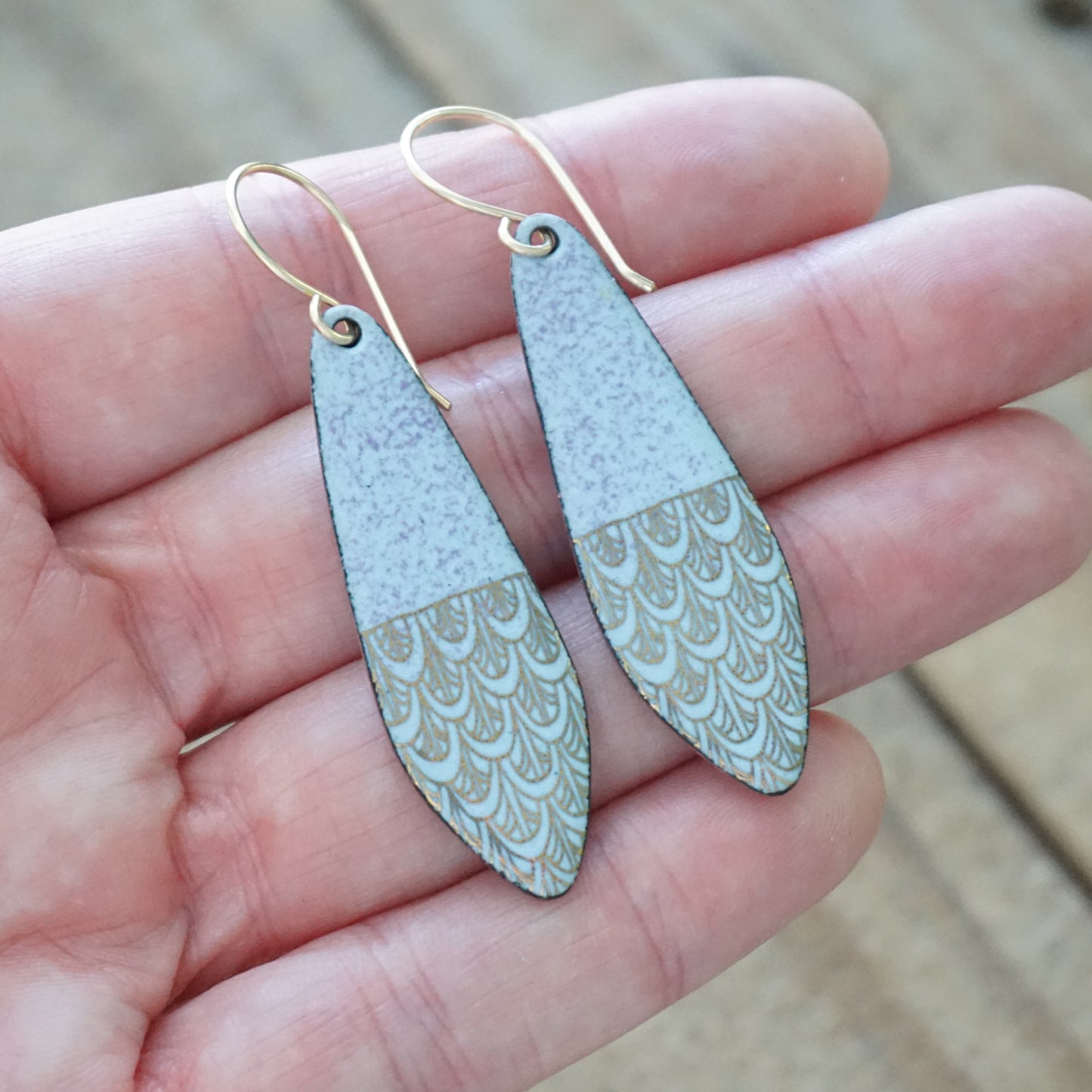 Gold Mermaid Scales on Purple Enamel Teardrop Earrings