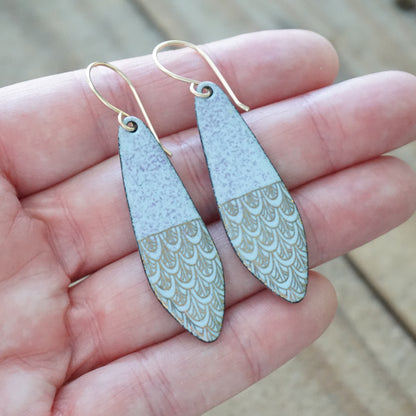 Gold Mermaid Scales on Purple Enamel Teardrop Earrings