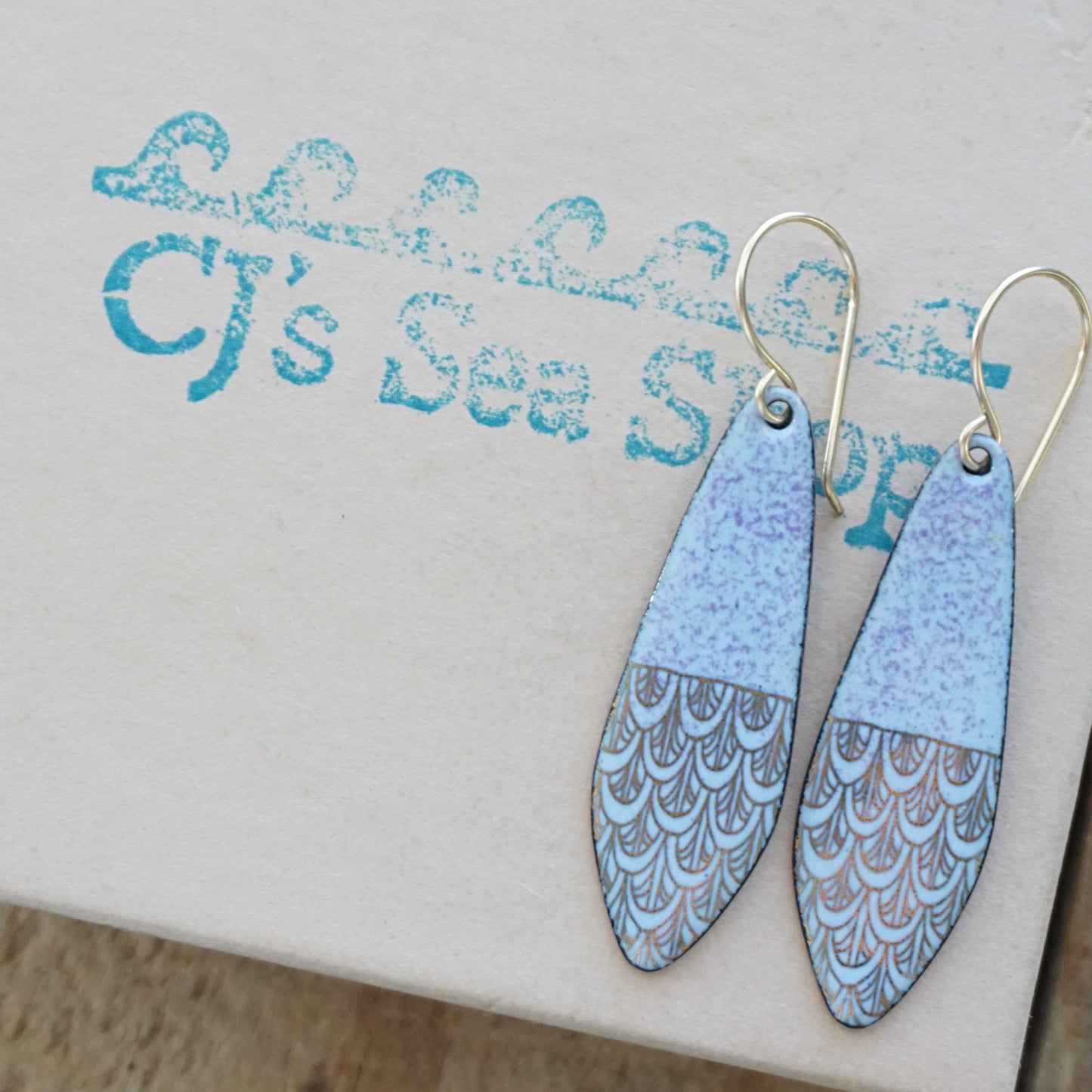 Gold Mermaid Scales on Purple Enamel Teardrop Earrings