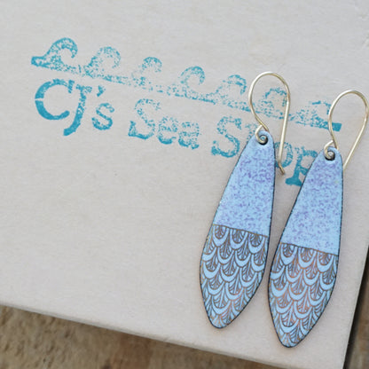 Gold Mermaid Scales on Purple Enamel Teardrop Earrings