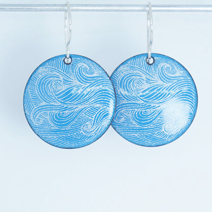 White Wave Accents on Aqua Blue Enamel Disc Earrings