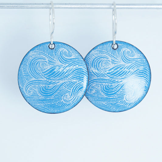 White Wave Accents on Aqua Blue Enamel Disc Earrings
