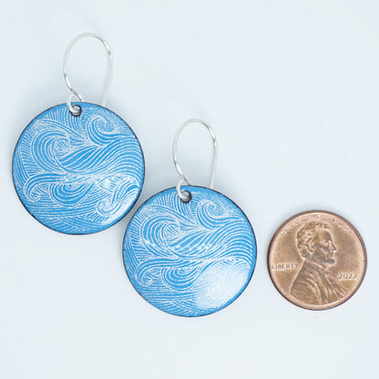 White Wave Accents on Aqua Blue Enamel Disc Earrings