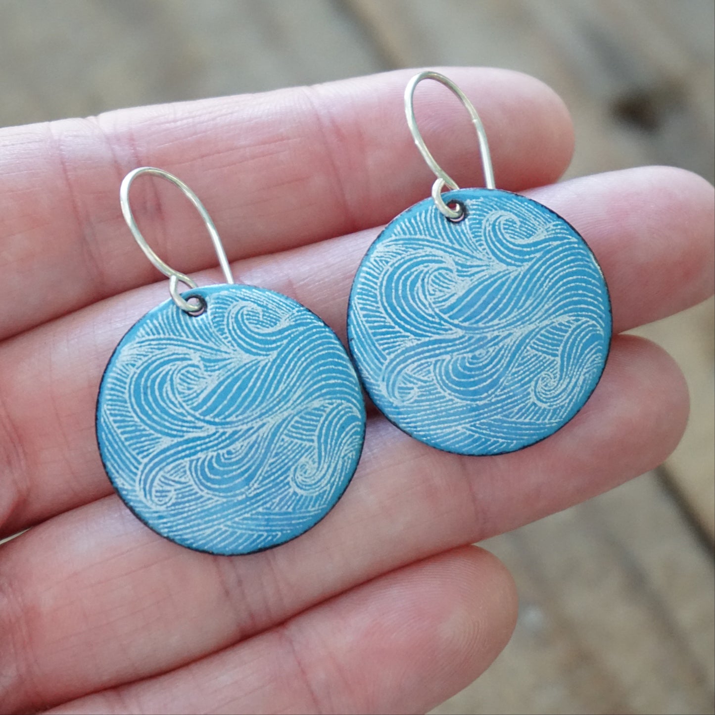 White Wave Accents on Aqua Blue Enamel Disc Earrings