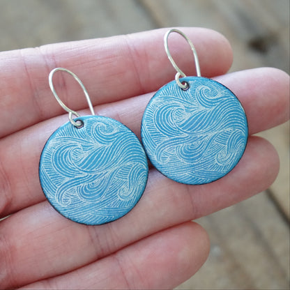 White Wave Accents on Aqua Blue Enamel Disc Earrings