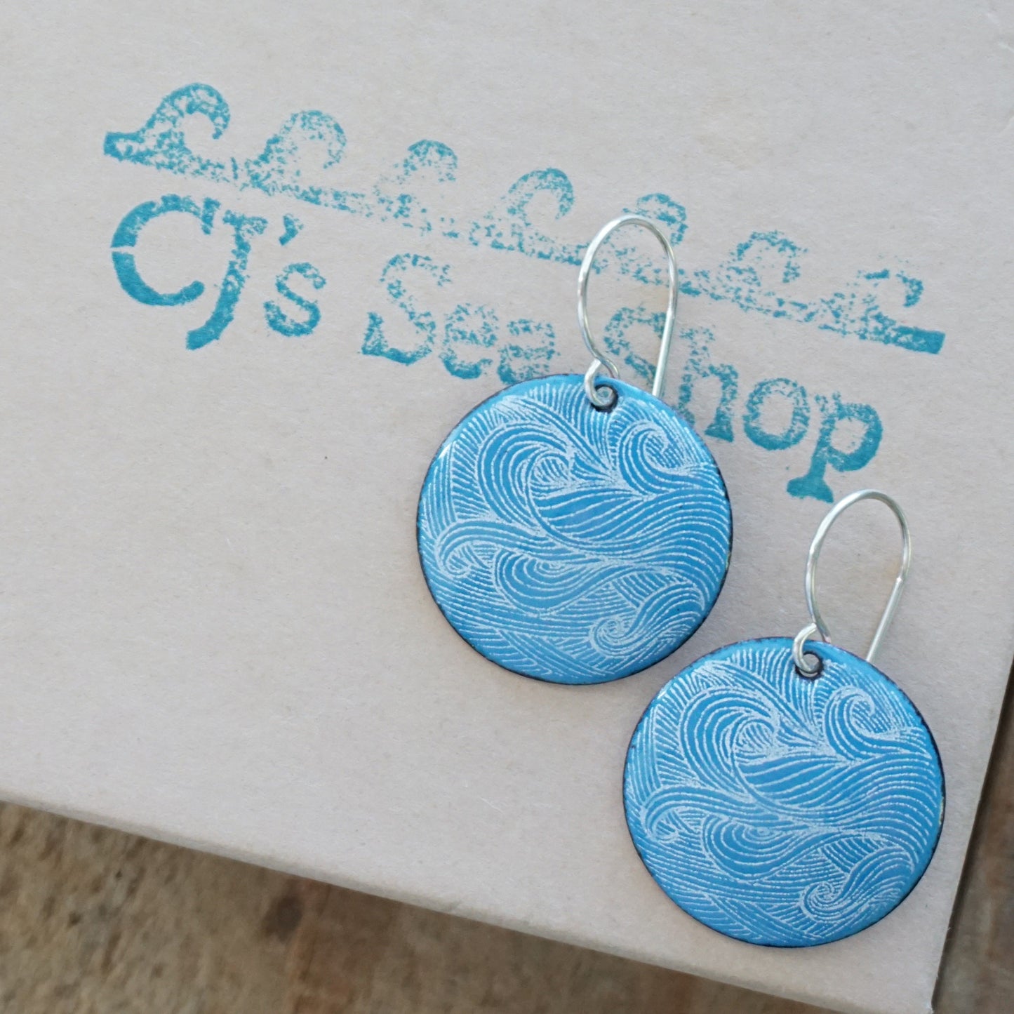 White Wave Accents on Aqua Blue Enamel Disc Earrings