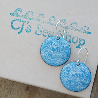 White Wave Accents on Aqua Blue Enamel Disc Earrings