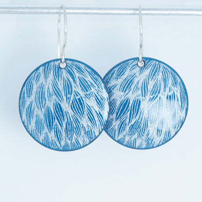 White Leaf Accents on Peacock Teal Enamel Disc Earrings