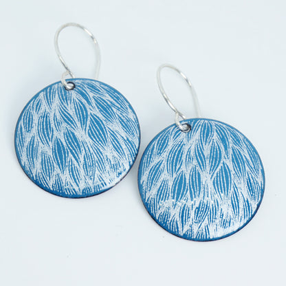 White Leaf Accents on Peacock Teal Enamel Disc Earrings