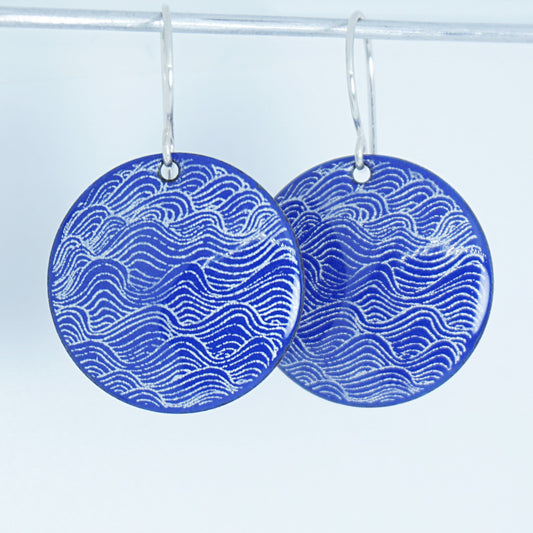 White Wave Line Accents on Cobalt Blue Enamel Disc Earrings