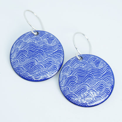 White Wave Line Accents on Cobalt Blue Enamel Disc Earrings