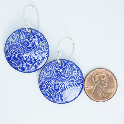White Wave Line Accents on Cobalt Blue Enamel Disc Earrings