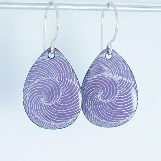 White Swirl Accents on Purple Enamel Teardrop Earrings