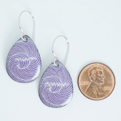 White Swirl Accents on Purple Enamel Teardrop Earrings