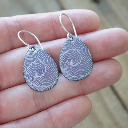 White Swirl Accents on Purple Enamel Teardrop Earrings