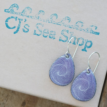 White Swirl Accents on Purple Enamel Teardrop Earrings