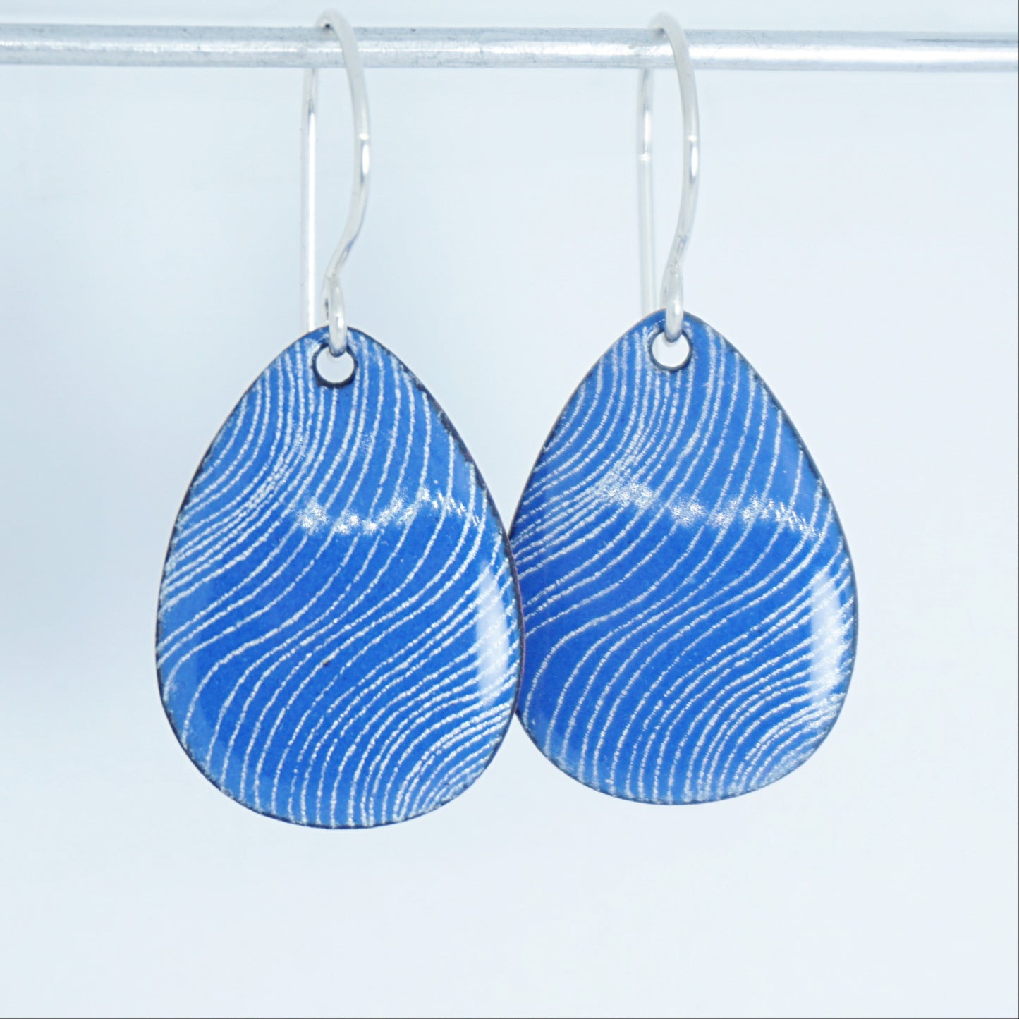 White Wavy Line Accents on Cobalt Blue Enamel Teardrop Earrings