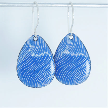 White Wavy Line Accents on Cobalt Blue Enamel Teardrop Earrings