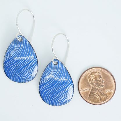 White Wavy Line Accents on Cobalt Blue Enamel Teardrop Earrings