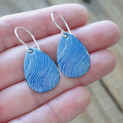 White Wavy Line Accents on Cobalt Blue Enamel Teardrop Earrings