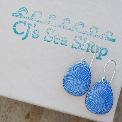 White Wavy Line Accents on Cobalt Blue Enamel Teardrop Earrings