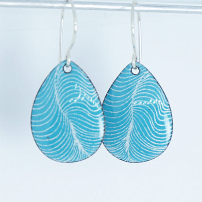 White Line Accents on Teal Green Enamel Teardrop Earrings