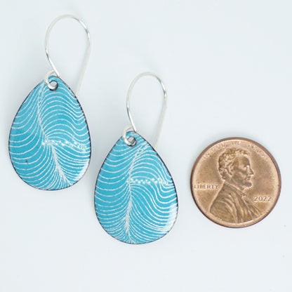 White Line Accents on Teal Green Enamel Teardrop Earrings