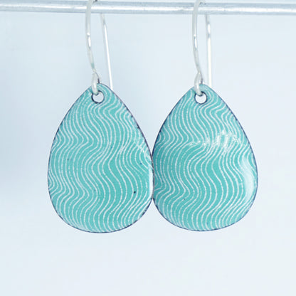 White Wavy Line Accents on Green Enamel Teardrop Earrings