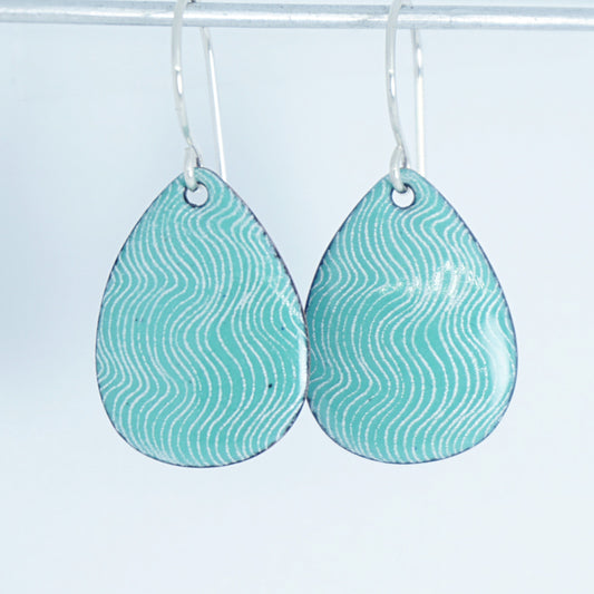 White Wavy Line Accents on Green Enamel Teardrop Earrings