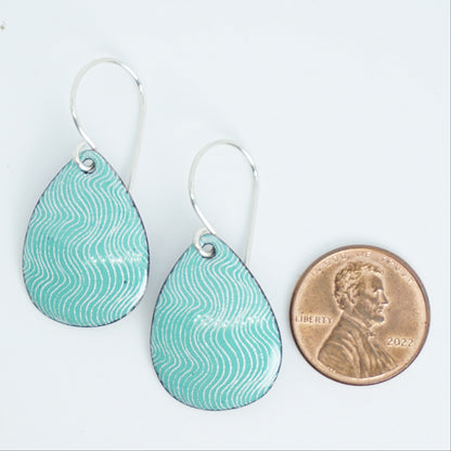 White Wavy Line Accents on Green Enamel Teardrop Earrings