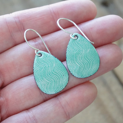White Wavy Line Accents on Green Enamel Teardrop Earrings
