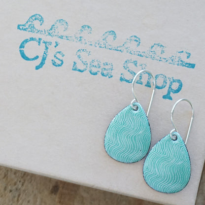 White Wavy Line Accents on Green Enamel Teardrop Earrings