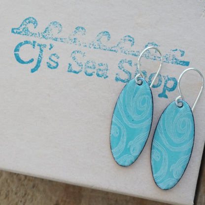 White Swirls on Light Teal Green Enamel Oval Earrings