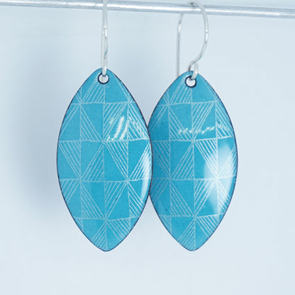 White Windmill Accents on Teal Green Enamel Marquis Earrings