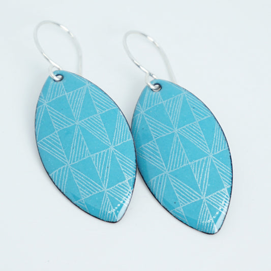White Windmill Accents on Teal Green Enamel Marquis Earrings