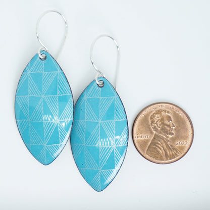 White Windmill Accents on Teal Green Enamel Marquis Earrings