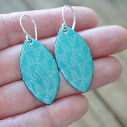 White Windmill Accents on Teal Green Enamel Marquis Earrings