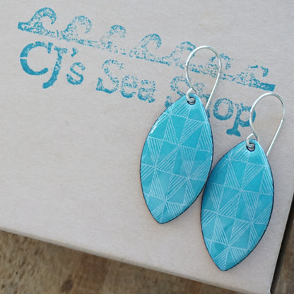 White Windmill Accents on Teal Green Enamel Marquis Earrings