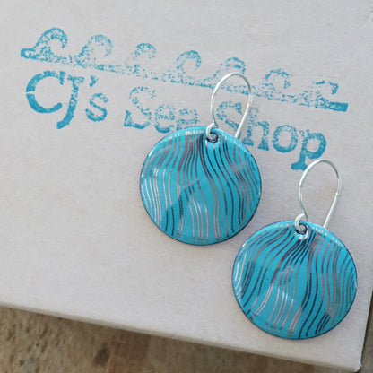 Silver Accents on Teal Green Enamel Disc Earrings