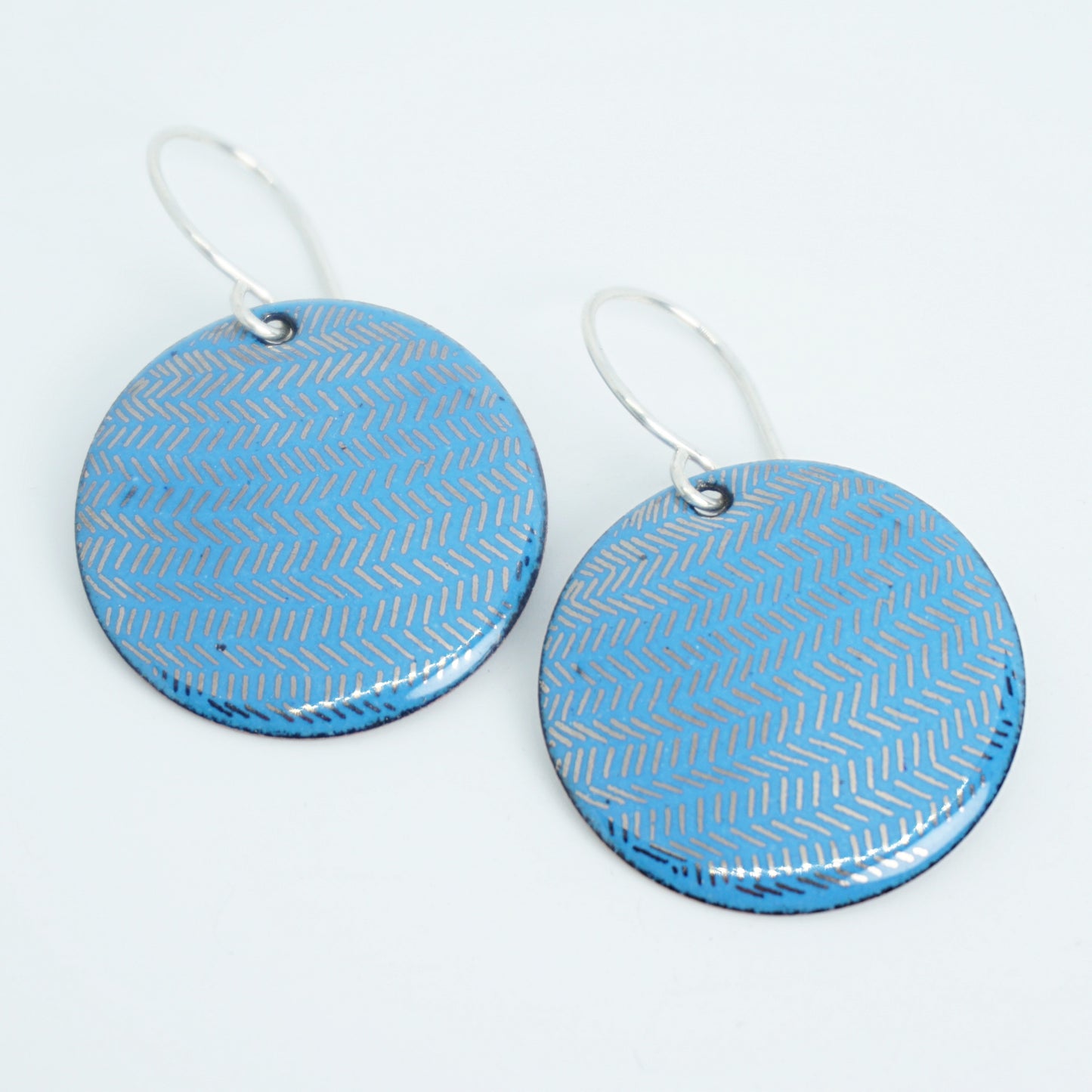 Silver Accents on Blue Enamel Disc Earrings