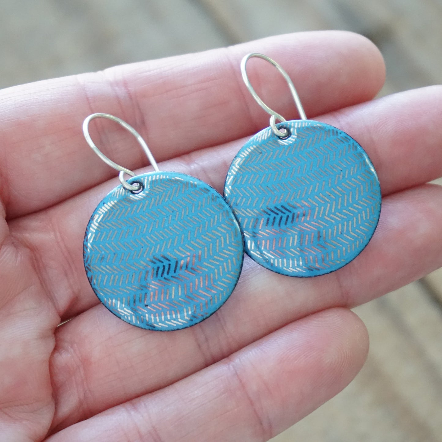 Silver Accents on Blue Enamel Disc Earrings