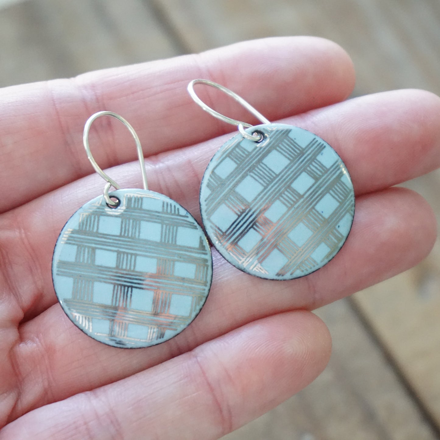 Silver Accents on Light Blue Enamel Disc Earrings