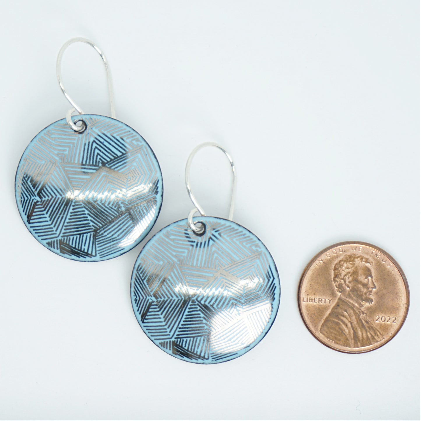 Silver Accents on Light Blue Enamel Disc Earrings