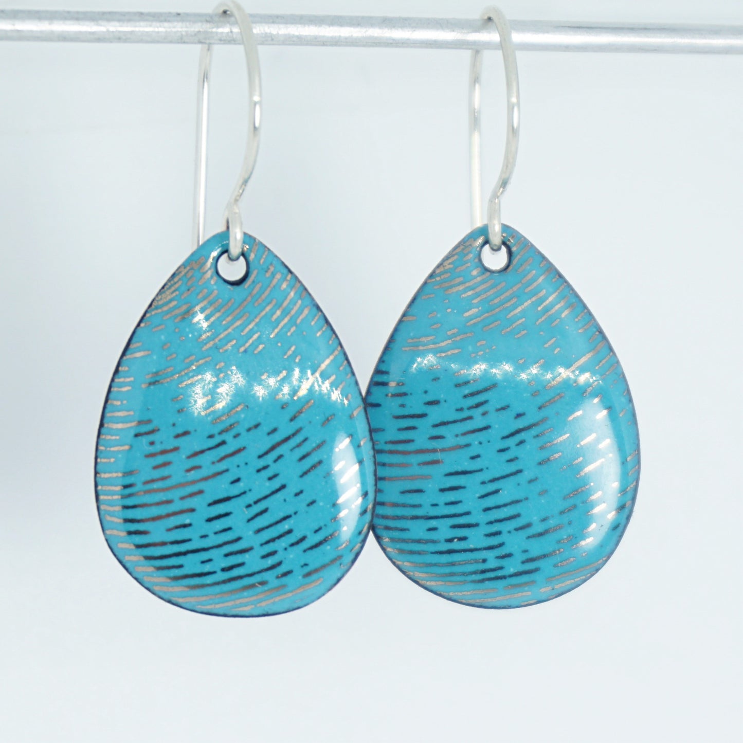 Silver Accents on Teal Green Enamel Teardrop Earrings